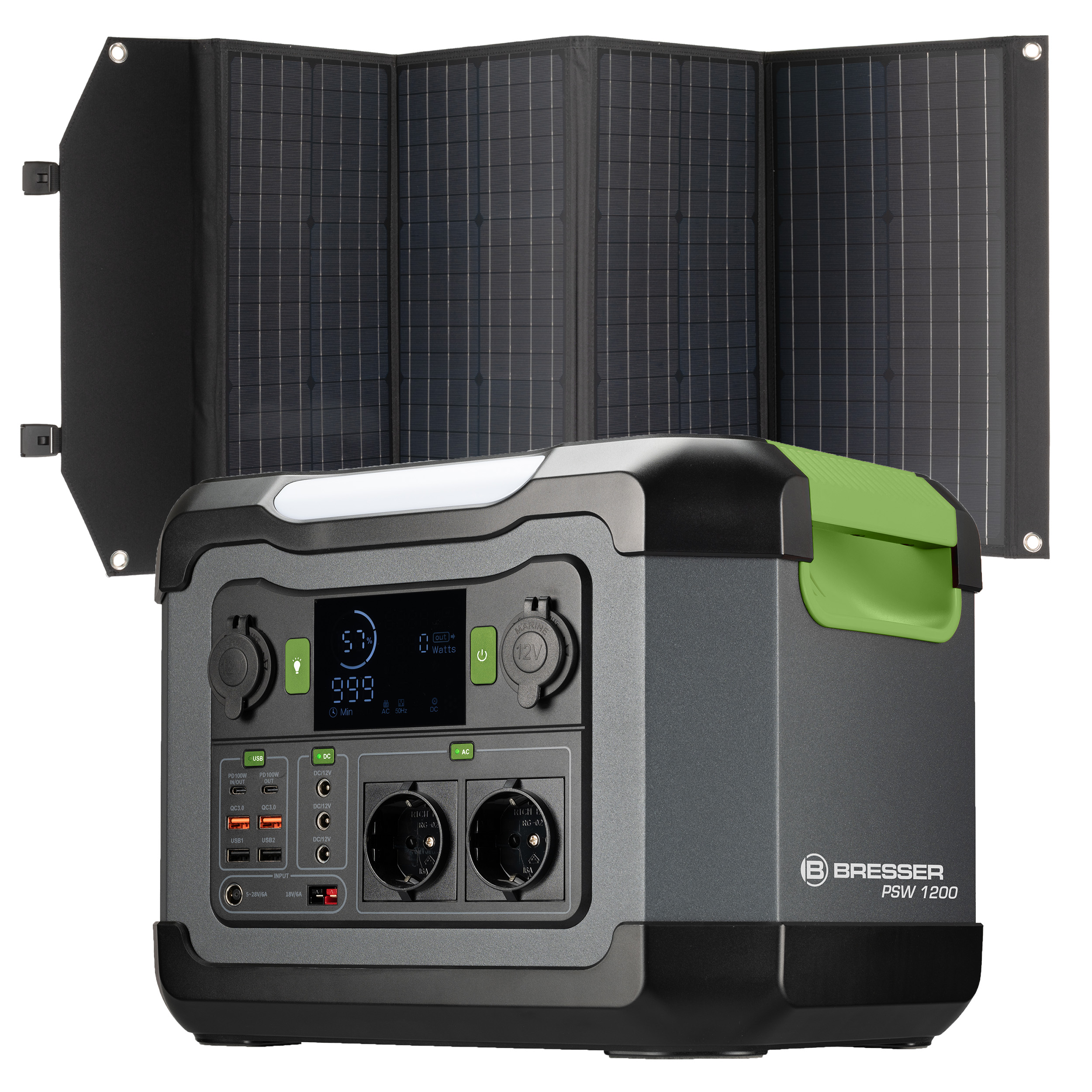 BRESSER Set Station d'alimentation 1200 watts + chargeur solaire 120 Watt 