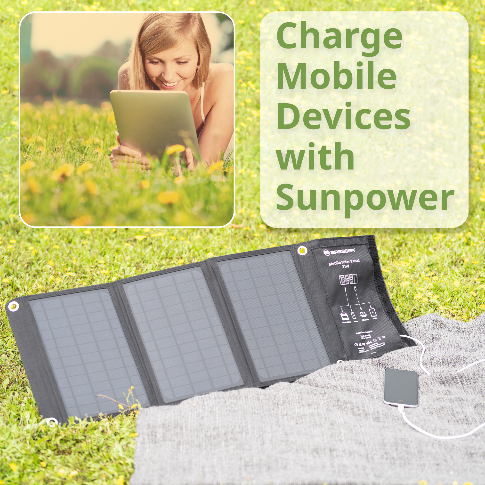 Chargeur solaire portable BRESSER 21 Watt avec port USB et connecteur d’alimentation