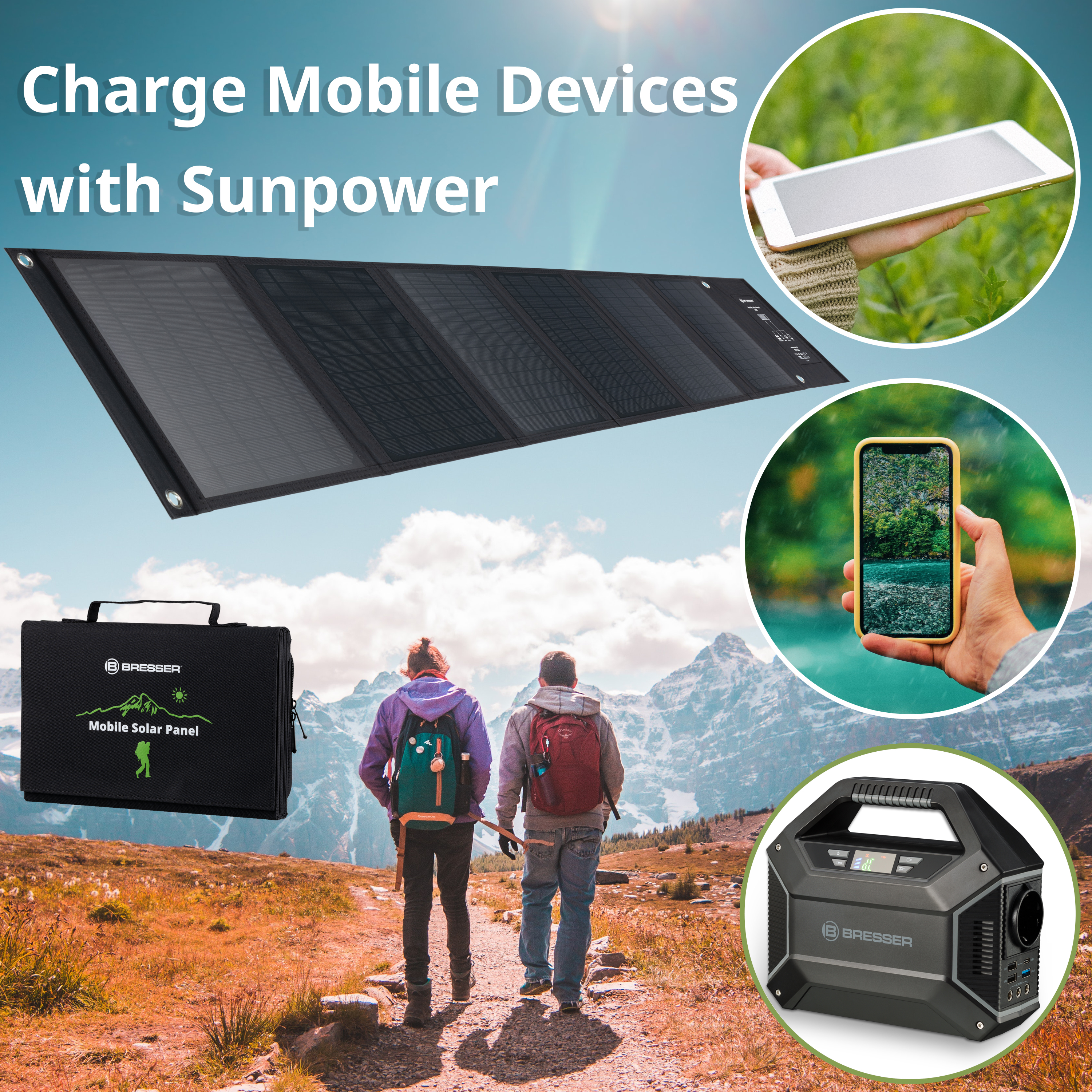 Chargeur solaire portable BRESSER 40 Watt avec port USB et connecteur d’alimentation